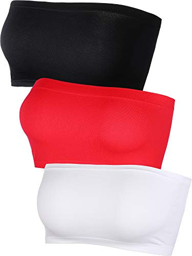 Women's Strapless Bralette Seamless Bandeau Stretchy Non-Padded Bandeau Tube Top Bra in Multi Color, 3 Pieces (Color Set 10) (Black, White, Red, F Size)