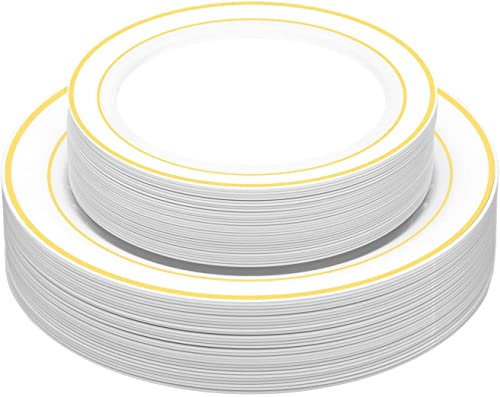 TOROTON 60 Elegante Wiederverwendbare Plastikteller mit Goldrand, 30 Speiseteller & 30 Dessertteller, wiederverwendbares Geschirr für Catering Hochzeiten Partys Geburtstage - Gold