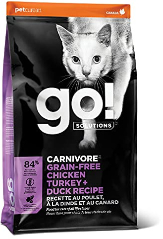 Go! Solutions Carnivore Chicken, Turkey + Duck Grain-Free Dry Cat Food, Our Highest-Protein Kibble Made with Real Meat & Fish, Cranberries for Urinary Health, for Kittens, Adults & Seniors, 8 lb Bag