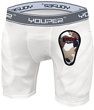 Youper Boys Youth Padded Sliding Shorts with Soft Protective Athletic Cup for Baseball, Football, Lacrosse (White Grey, Medium)