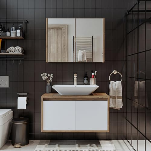 ROOMART • Juego de muebles de baño • Atlantic • 3 piezas • Lavabo de cerámica con armario bajo 65 cm, 85 cm, 100 cm, armario con espejo de 80 cm (blanco - roble, 85 cm)