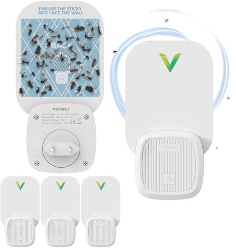 VEYOFLY Trappola Insetti Volanti, Trappole Mosche Frutta per Interni, Casa Sicura, Luce Antizincheche da Interno Spina,Trappola Zanzare, Moscerini, Pulci, Senza Odori - (4 Dispositivi + 12 Ricariche)