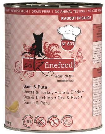 catz finefood Ragout N° 603 - Comida húmeda para Gatos de Ganso y Pavo, Comida húmeda para Gatos en Salsa sin Cereales y azúcar con Alto Porcentaje de Carne, 6 latas de 380 g