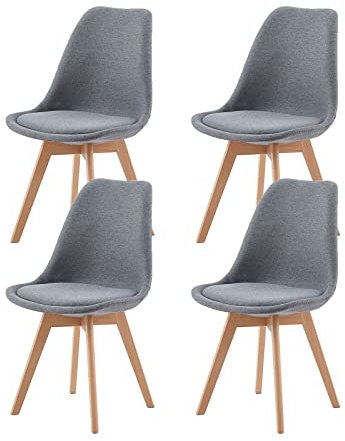 EGGREE 4er Set Esszimmerstühle Skandinavisch Design, Polsterstuhl aus Leinen Rückenlehne, Küchenstuhl Essstühle mit Massivholz Buche Bein SGS Geprüfter, Grau