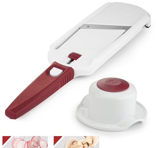 Börner Multi Slicer Set (Gemüseschneider + Fruchthalter) • Gemüsehobel für Scheiben in 2 Schnittstärken • Scheibenschneider für Obst & Gemüse • Kompakter Küchenhobel • Farbe: Weiß
