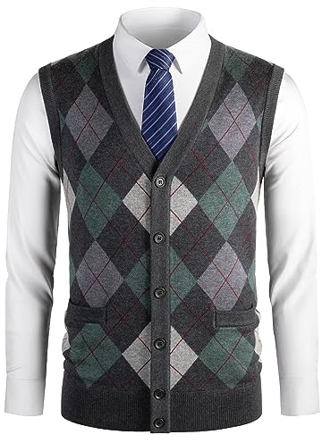 Herothorn Chaleco de Punto para Hombre Argyle Suéter Cárdigan sin Mangas Jersey con Botón Gentleman Clásico Grueso Tank Tops con Cuello en V Otoño Invierno