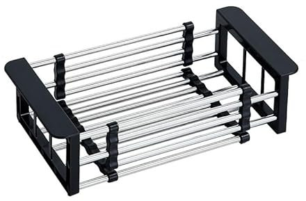 SAODSAUH Sieb für Spülbecken, Sieb Küche ausziehbar(27-47cm), Dish Drainer,Siebkorb über Spüle,Abtropfsieb Sieb Spülbecken Küchensieb Gemüse, Obst waschen BPA Frei (schwarz)