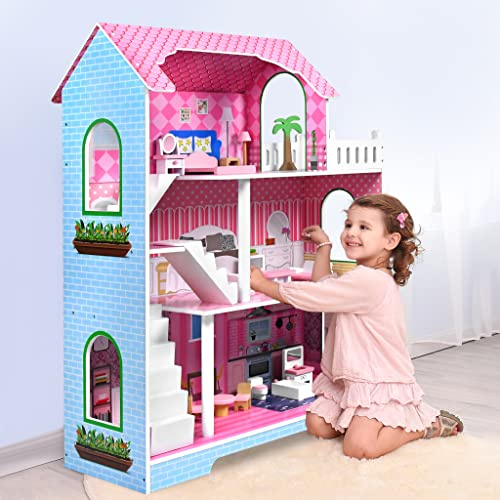 XINZI Casa de muñecas de 3 pisos, 70 x 30 x 100 cm, hecha de madera, incluye accesorios para escaleras, dormitorio, salón, baños, regalo de cumpleaños, casa de muñecas para niños a partir de 3 años
