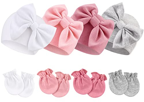 AQOKKA Newborn Baby Hats and Mittens Set Infant Bow Beanie Cap Toddler Gloves Newborn Hospital Hats for Baby Boy Girl Kid 0-6 Months