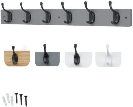 keypak Grey Wooden Wall Mounted Coat Rack, 6 Matte Black Double Hooks, 68cm | For Modern Hallway, Entryway & Bedroom | Holds Coats, Bags & Hats | Ready Assembled, Fixings Included