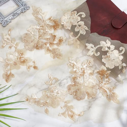 GORGECRAFT 3D Paillettes Ricamate In Pizzo Applique Foglie Fiori Cucire su Toppe con Motivo Floreale Colletto Tessuto Decorazione Artigianale Toppa per Vestiti Jeans Borsa Indumenti Marrone Chiaro