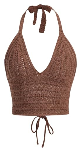 Naileksi Women Lace Up Backless Crochet Crop Halter Top Y2k Slim Fit Sleeveless V Neck Self Tie Back Knit Crop Cami Top Brown