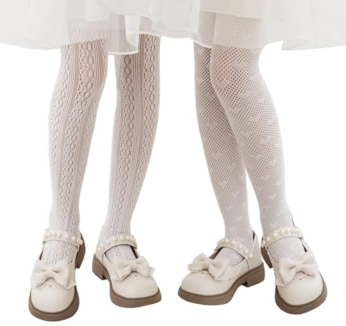 LOLANTA Confezione da 2 Collant a Rete Fantasia per Bambina, Collant Bambini in Pizzo Traforato per Feste, Fiore/cuore bianchi, 5-8 anni, M