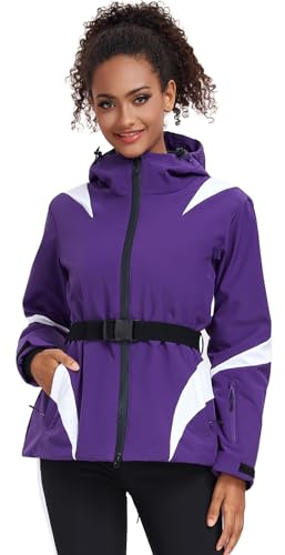 ALSOGO Cappotto da Donna per Sci Idrorepellente e Isolante per Snowboard Montagna con Cappuccio e Neve con Cintura, Lilla, M