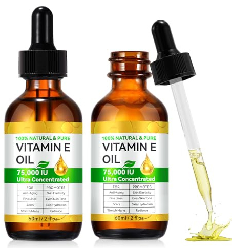 2PCS Vitamin E Oil for Skin Blend 75,000 IU, Organic Pure Vitamin E oil for Scars, Hair & Face - Non GMO, Cold Pressed, Cruelty Free Skin Repair & Moisturizing Solution, Easy to Absorbed, 60ML