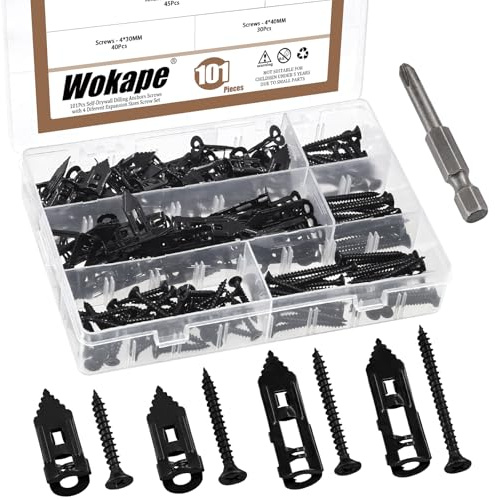 Wokape Set di 100 tasselli autofilettanti, 4 diverse misure, viti di espansione, in acciaio al carbonio zincato, tasselli autofilettanti per cartongesso, non sono necessarie forature (nero)