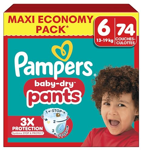 Pampers Baby Dry Pants Taille 6, 74 Couches-Culottes, 13kg-19kg, Maintien 360° Pour Aider À Éviter Les Bâillements et Les Fuites