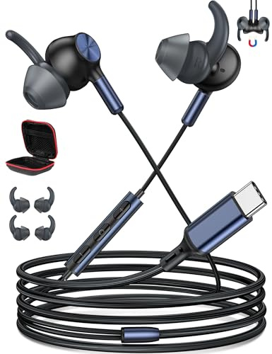 Sport USB C Headphones with Wingtips, Running Headphones Type C Earphones Magnetic HiFi Stereo in-Ear Headset with Mic for iPhone 17 16e 15 for Samsung A16 A17 A56 S25 for Pixel 10a 9a Sport Gym Black