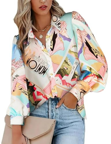 Zeagoo Camicia da donna a maniche lunghe, con scollo a V, casual, a maniche sbuffo, elegante, con bottoni