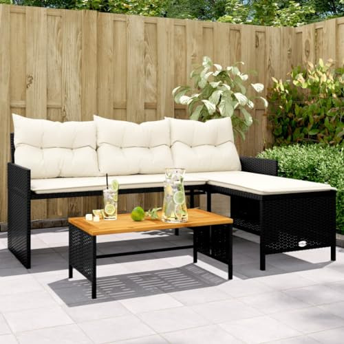 Mimdixy Muebles de terraza grupo de asientos de jardín sofá de jardín en forma de L con mesa y cojín de ratán negro de polirratán, para jardín, terraza, balcón, fácil de mantener, fácil de montar