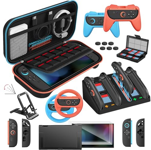 ivoler 22-in-1 Zubehörset für Nintendo Switch 2, Tragetasche mit Schutzfolie, Ladestation, Lenkräder, Spielständer, Joy-Con Griffe, Spielekartenbox & mehr – Komplettes Zubehörpaket