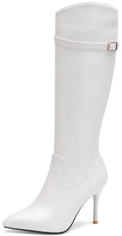 Klarmar Mujer Puntiagudo Tacón de Agujas Invierno Botas Hasta Las Rodillas Elegante Botas Altas Botas Blanco Talla 43 EU/45 Asiática/27.5CM