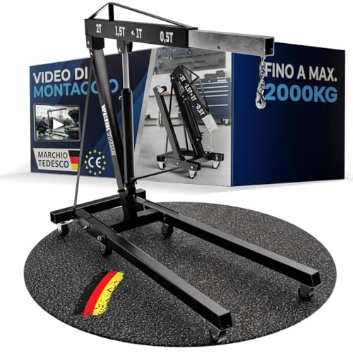 WERKTHOR Grúa de taller profesional plegable de 2000 kg, elevador de motor 2T Heavy Duty, grúa hidráulica, color negro, 6 ruedas, para camiones y uso industrial