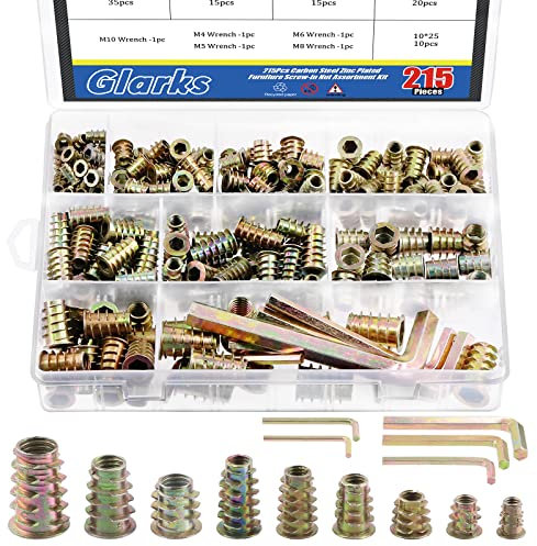 Glarks 215Pcs M4 M5 M6 M8 M10 Threaded Inserts Nuts Zinc Alloy Hex Socket Drive Furniture Screw-in Nut with Hex Wrenches for Wood Furniture Bolt Fastener Connector