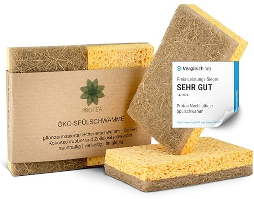 PROTEA Hållbar disksvamp kokos skrubber (set om 2) – återanvändbar natursvamp, kökssvamp, rengöringssvamp – nedbrytbar och återanvändbar