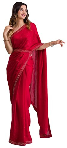 TRENDMALLS Women's Moss Chiffon Siroski work Saree with Belt Unstitch Blouse Piece (K961-Red)