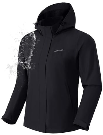 Pioneer Camp Chubasquero para mujer, impermeable, ligero, transpirable, cortavientos, chaqueta para exteriores con capucha desmontable, Negro , L