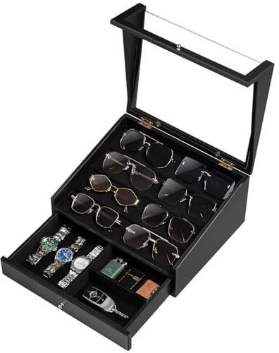 Yoimori Sunglasses Organizer for 14 Pairs, Large Wooden Sunglass Organizer for Women Men, Multiple Pairs of Sunglasses Glasses Holder Storage Display Case with Clear Lid & Drawer (Black)