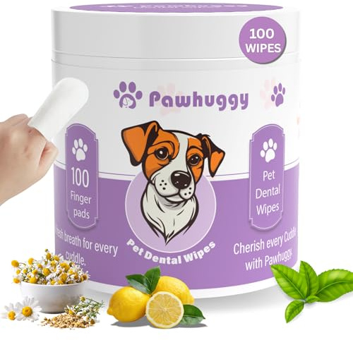 Pawhuggy - 100 Finger Wipes - Pet Dental Wipes for Dogs & Cats - Dog Teeth Cleaning Powder & Toothpaste Alternative - Dog & Cat Teeth Cleaning Wipes - Freshen Breath & Reduce Plaque