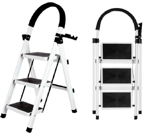 OHMG Escabeau 3 Marches avec Plateforme de Travail, Charge 150 kg Escabeau Pliable, Larges Marche Pied Pliable Antidérapantes, Tabouret en Acier Marche Pied Adulte,Charge 180 kg