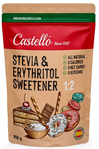 Stevia + Erythrit 1:2 Süßstoff | 1g = 2g Zucker | 100% Natürlich schmeckender Zuckerersatz - 0 Kalorien - 0 Glykämischer Index - Keto und Paleo - 0 Netto-Kohlenhydrate - Castello since 1907-850 g