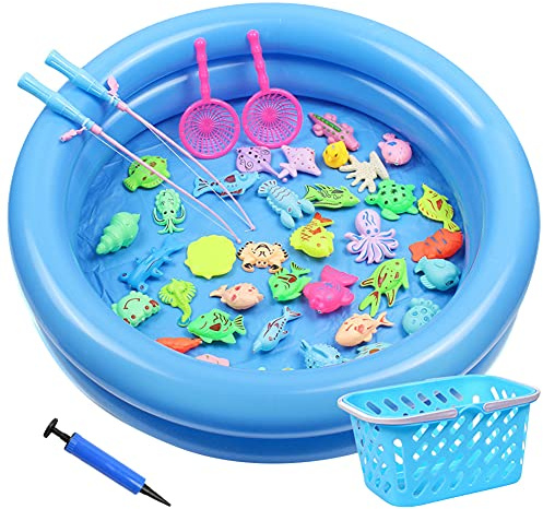 JAWSEU Jouet de Peche Magnétique, 41 Pièces Jouet de Pêche Flottant Jouet de Bain pour Bébé, Jouet Canne a Peche Enfant Jouet Piscine Set en Plein Air