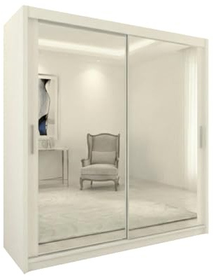 INTERWOOD Double Full Mirror Sliding Door Wardrobe - 2&3 Doors Wardrobe with Hanging Rail, Adjustable Shelves, Chrome Handles | Sturdy MDF Bedroom Wardrobes for Bedroom Furniture (White 203cm)