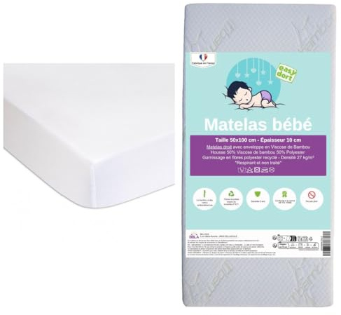 Easy Dort Matelas Bébé 50x100 / 50 x 100 cm Berceau Vintage Lit Bébé + 2 Alèses Coton | Kit lit bébé | Certifié Oeko-Tex | Fabrication France & UE