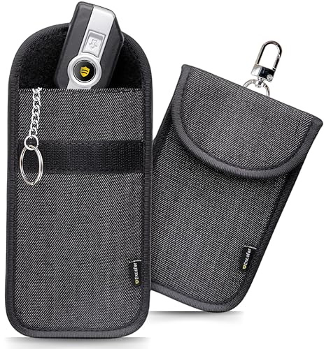 EXOSFER – Bolsa Faraday Antirrobo Coche para Llave Keyless – Bloque Señal RFID – Protección Telepeaje – Anti Pirataje Electrónico – Tejido Jeans (2 Fundas Medium)