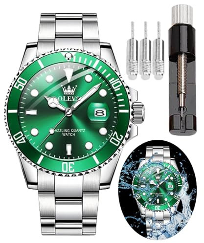 OLEVS Armbanduhr für Herren, wasserdicht, blaues Zifferblatt, luxuriös, zweifarbig, Edelstahl-Armbanduhr mit Tagesdatum, modisch, klassisch, sportlich, Quarzuhr, Silbergrünes Zifferblatt, Armband
