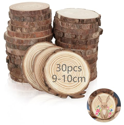 YOUNTHYE 30 rodajas de madera natural 9-10 cm, discos de madera con corteza, 1 cm de grosor, sin agujero, para manualidades, pirograbado, decoración de boda, Navidad y proyectos DIY