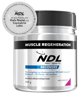 NDL Pro-Health BCAA (2:1:1) - Glutamina, antiinflamatorio y antioxidante - Recuperación muscular post entreno - Reduce las agujetas - Muscle Regeneration - frutas del bosque - 20 dosis, 300g