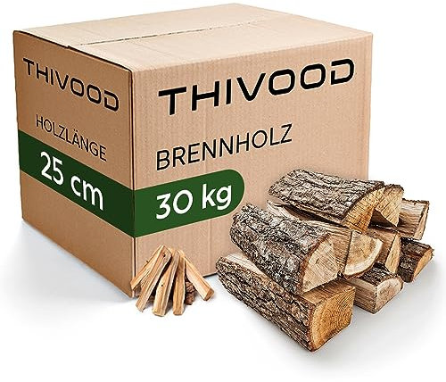 THIVOOD Brennholz 25 cm - Buchenholz & Eichenholz - Premium Feuerholz inklusive Anzündholz - trockenes 30 KG Hartholz mit unter 18% Restfeuchtigkeit - Ofenfertiges Kaminholz für Zuhause & Outdoor
