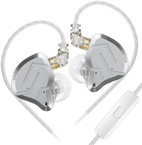 CNWUJASS KZ ZSN PRO 2 HiFi-hörlurar, 1BA+1DD 2 drivrutinsskärmhörlurar, kabelanslutna i öronproppar, hybrid IEM DJ musikheadset med frontplatta i rostfritt stål, 2-polig avtagbar kabel (silver, med