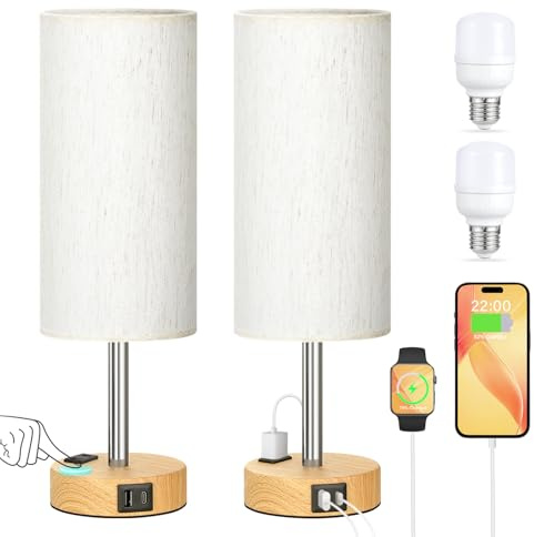 kakanuo Set di 2 Lampade da Comodino, Abat Jour da Comodino Touch Dimmerabile a 3 Vie con Porte USB-A+C+Presa CA+2 Lampadine, Lampade da Tavolo per Camera da Letto Soggiorno Ufficio