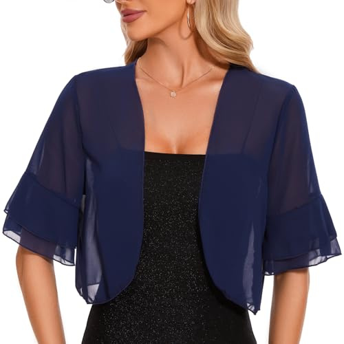 Atxnn Women's Bolero Shrug Summer Chiffon Cropped Cardigan Tops UK Ruffled Half Sleeve Jacket Ladies Open Front Sheer Shrugs Shawl, Navyblue M