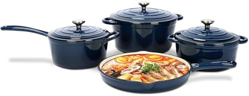 QuliMetal Nonstick Enameled Cast Iron Cookware Set, Frying Pan Skillet- 7-Pcs Pots and Pans with Lid, Healthy Round Dutch Oven Pot for Sourdough Bread Baking, Oven Safe up to 500° F or on All Stovetop
