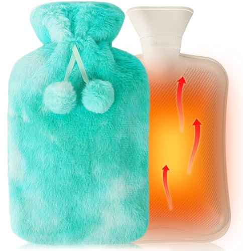 Wärmflasche mit Bezug 2L, Weicher Premium Flauschig Bezug,Wärmeflasche Groß, Hot Water Bag für Kinder und Erwachsene, Auslaufsicher, Kuschelige Nächte, Schmerzlinderung, lange warm, Blau