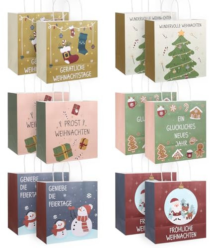 Bäcker & Lecker Geschenktüten Weihnachten Papiertüten 12 Stück Geschenkverpackung Geschenktasche für Weihnachten 21x22x12 CM