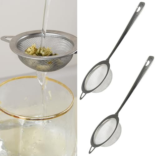 2 Pcs Tea Strainer Fine Mesh, Stainless Steel Metal Sieve with Non Slip Handle, Small Fine Mesh Strainer for Loose Tea, Coffee, Spices, Kitchen Sifter, Durable and Easy to Clean
